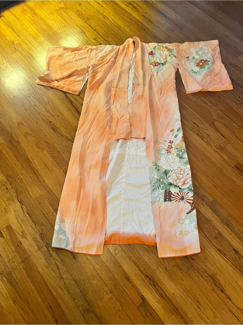 Vintage Peach Floral Satin Kimono Robe with Multicolor Embroidery